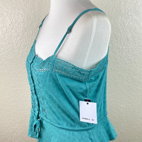 O'Neil Teal Embroidered Lace Trim Peplum Cami Pull String Top Sz S NWT - Picture 5 of 16